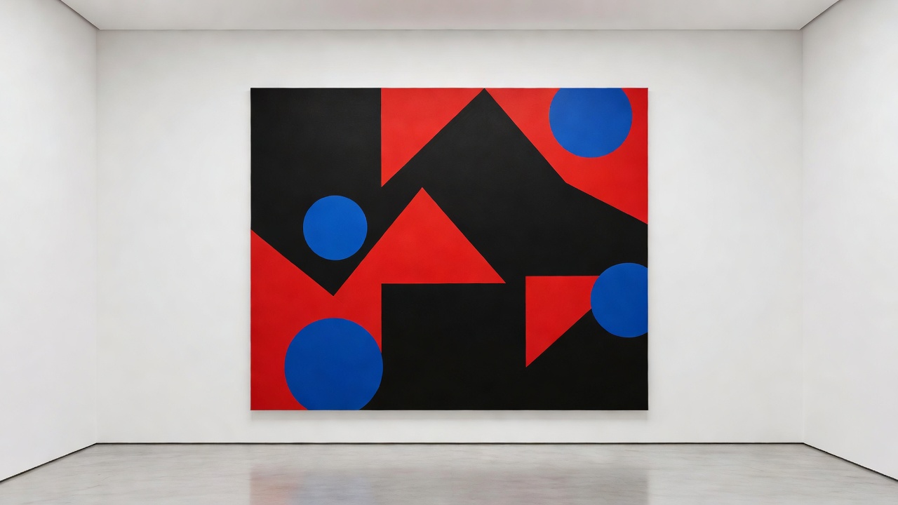 A large minimalist abstract painting with bold geometry in a white architectural space