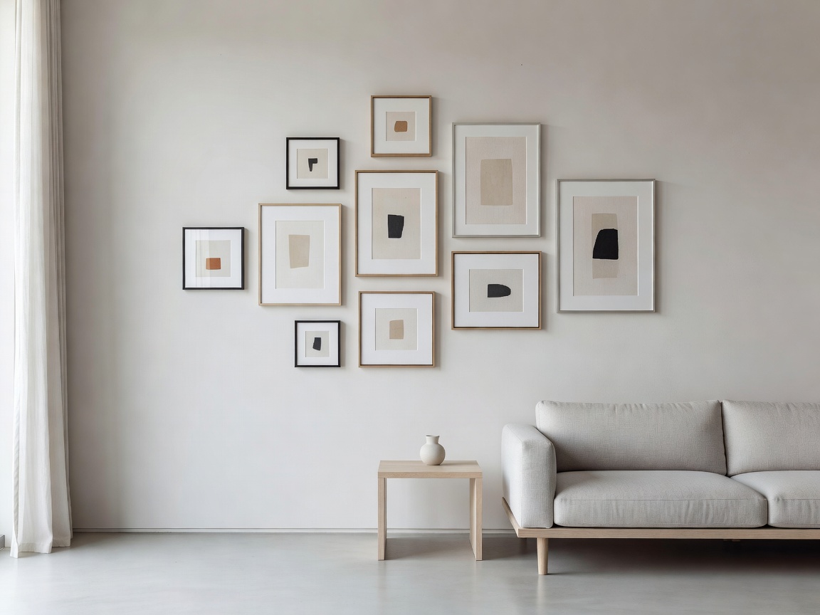 A meticulously arranged gallery wall featuring varying frame sizes in a minimalist living room