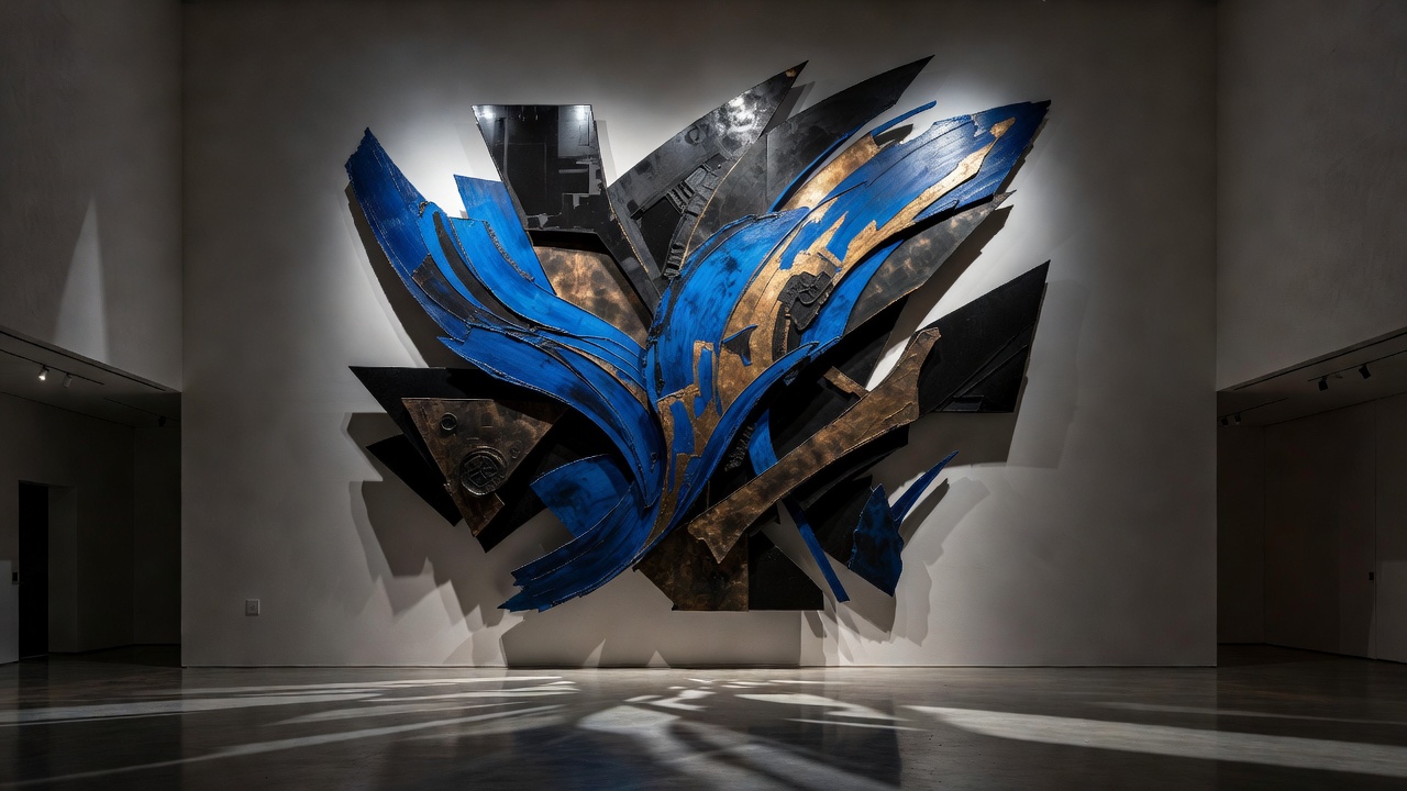 An oversized statement artwork dominating a double-height wall space