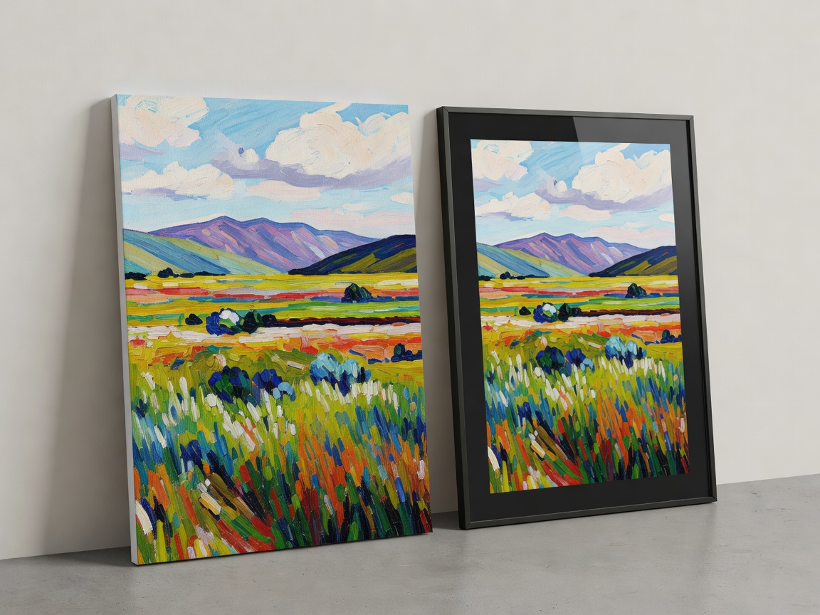 Comparison between a stretched canvas print and a framed print leaning against a studio wall