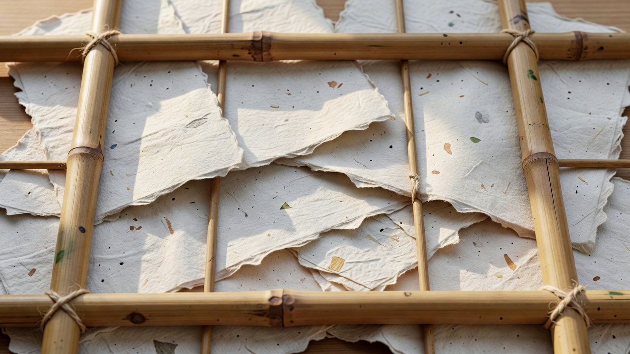 Detail shot of raw bamboo framing and textured recycled paper substrate